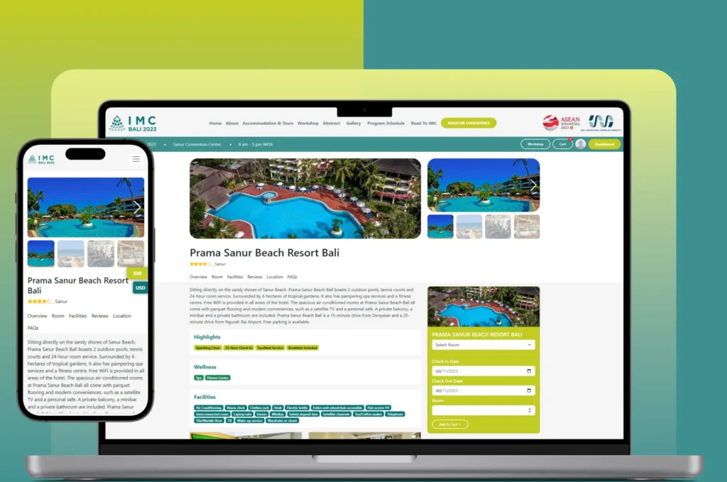 IMC 2023 Bali is a MICE (Meeting, Incentive, Convention, and Exhibition) website designed to connect healthcare professionals from around the world through an annual conference with evolving health topics. The platform features paid conference registration, accommodation booking, tour packages, and optional services such as golf, spa, and airport transfers, all supported by a scalable and SEO-optimized system.